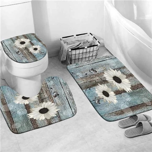 White Daisy Flower Shower CurtainSets with Rugs 4Piece Rustic Flower Floral Wood - Picture 4 of 7